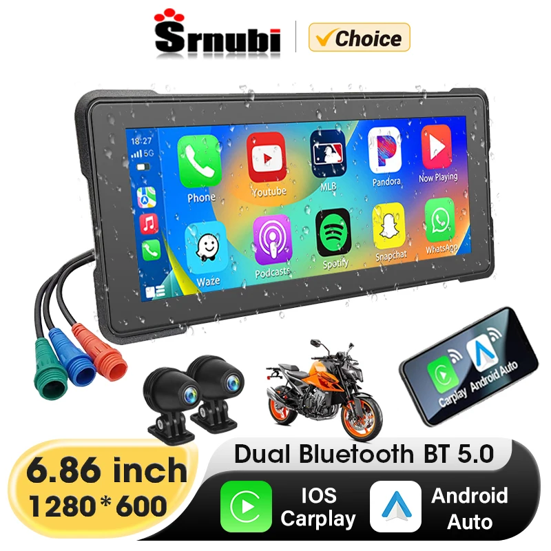 Srnubi 6.86 inch Motorcycle DVR Wireless Carplay Android Auto IP67 Waterproof GPS navigator Dash Cam Moto Dual Bluetooth Camera