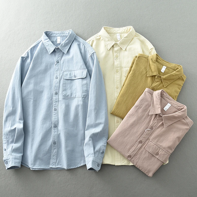 

2025 Spring American Vintage Casual Shirts for Men Long Sleeve Loose Pockets 100% Cotton Soft Washed Workwear Tops High Quality