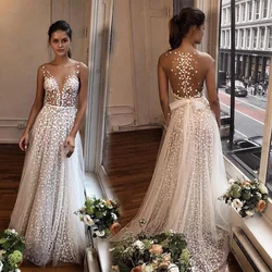 Vestidos De Novia blancos con tirantes finos, apliques De encaje, cuello en V, ilusión, espalda larga hasta el suelo, 2023