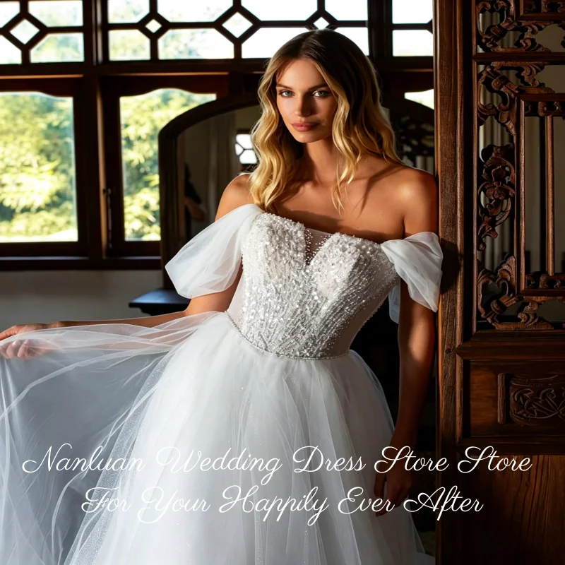 2026 Styles Princess Glitter Tulle Bridal Gown Off Shoulder Pearl Rhinestone Bodice Chapel Train Vestidos de Novia Customized