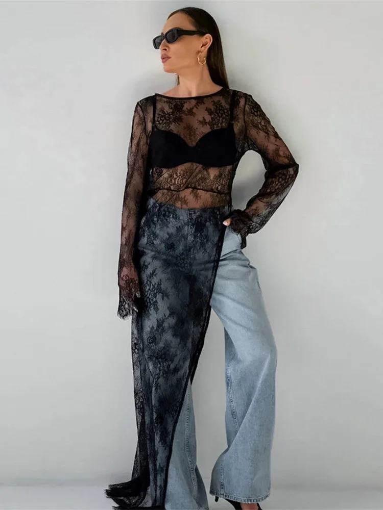 

Nibber See Through t-Shirt Women Long Sleeves Extra-Long Irregular Hem Thin Midnight Simple Trend Street Spring Summer Lace Tops
