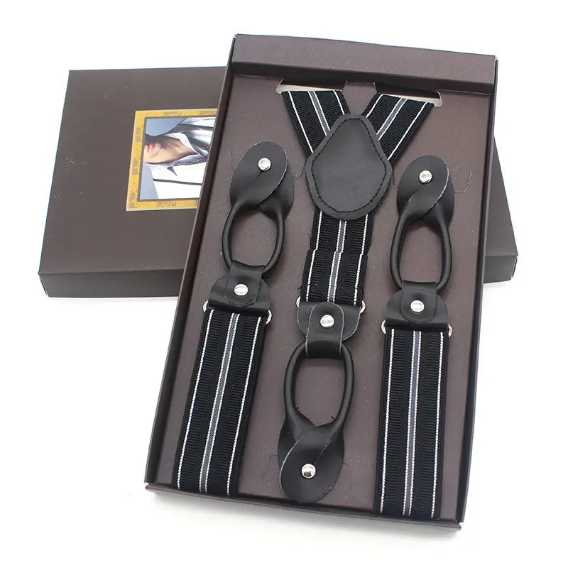 Vintage Suspender Men 3.5cm Width Button End Black Leather Trimmed Y Back Adjustable Elastic Trouser Brace Strap Gift Box Packed