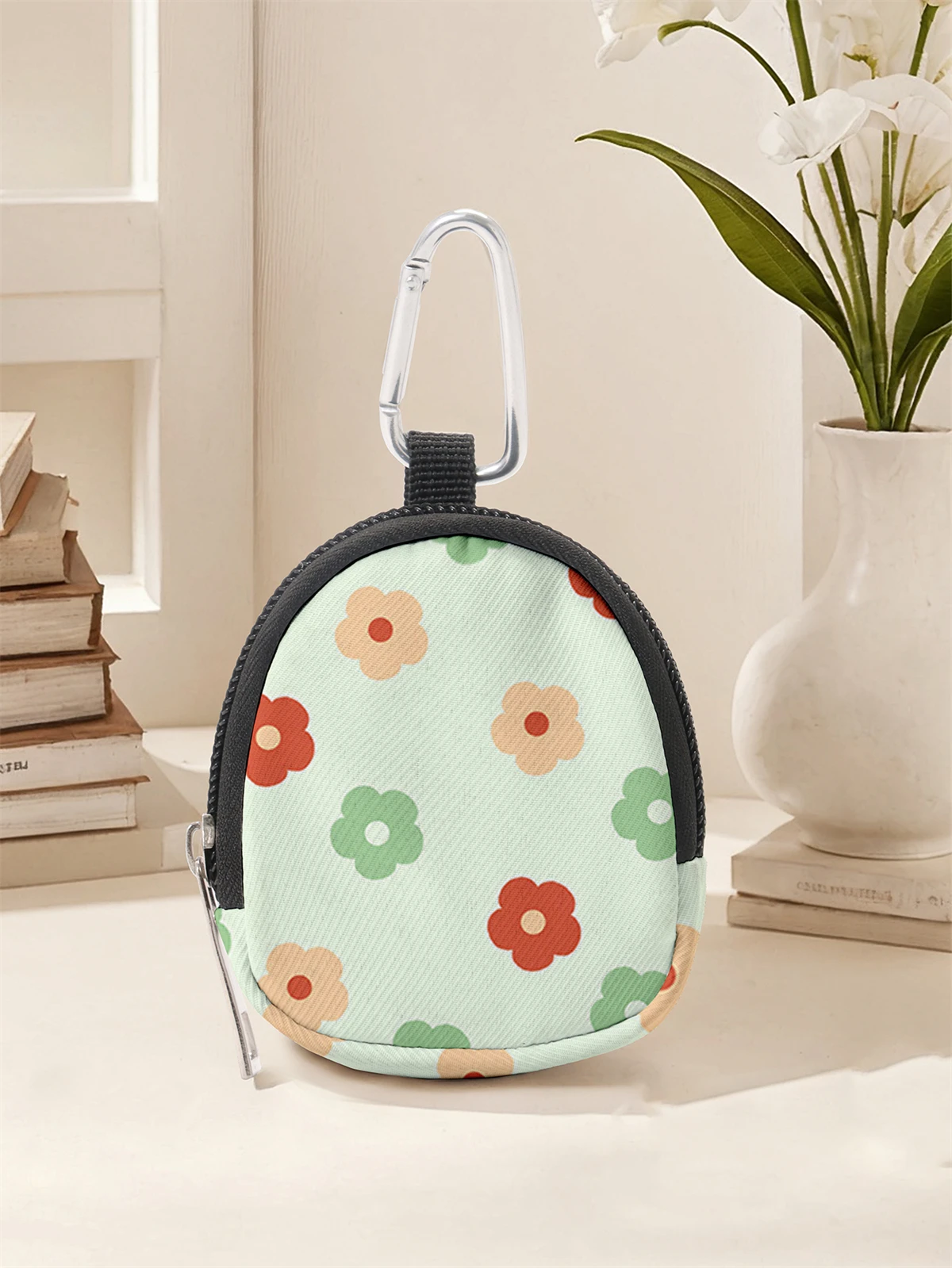 محفظة صغيرة مطبوعة بنمط الزهور، حقيبة تغيير بسحاب مع مشبك خطاف، حقيبة مفاتيح لسماعات الرأس، مناسبة للرجال والنساء #1