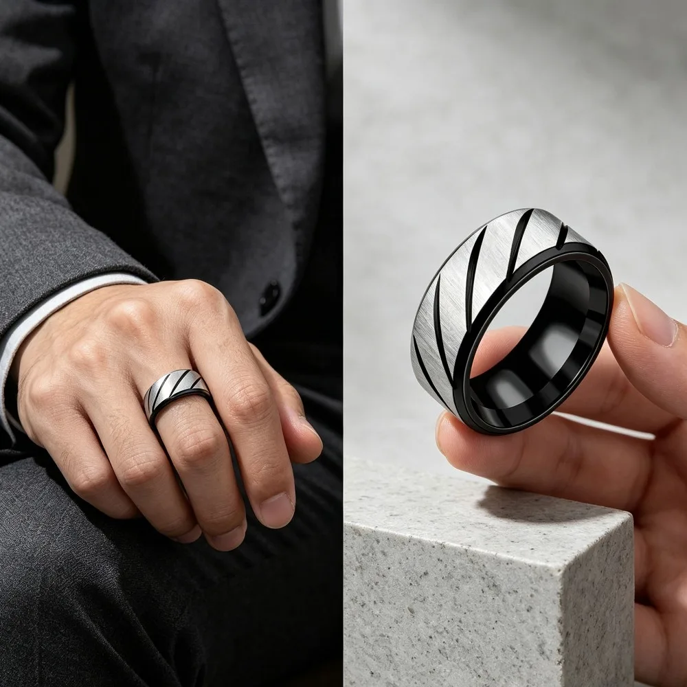 Men's Stainless Steel Ring, European American Fashion Simple Inner Arc Double Bevelled Twill Ring, 1pcs