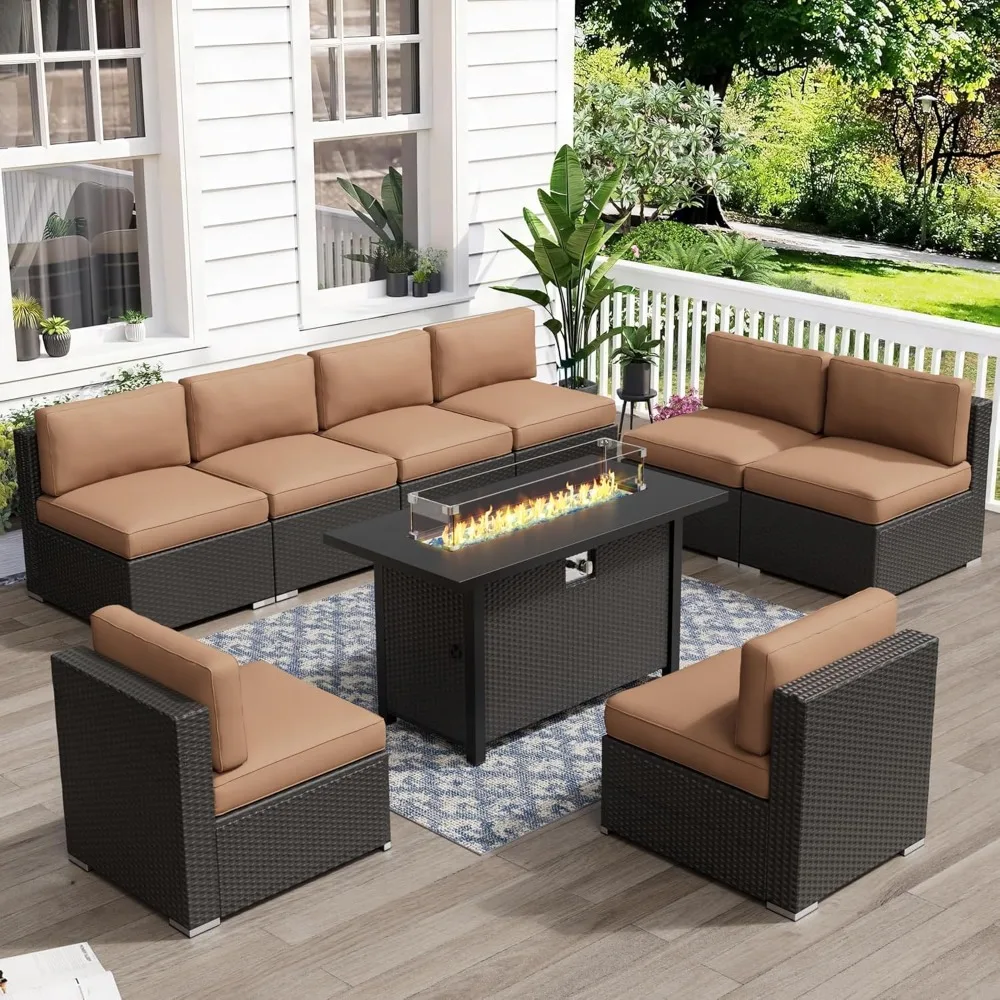 

9-piece outdoor courtyard furniture set, PE rattan conversation set with fire pit table and cushion sofa, dark brown