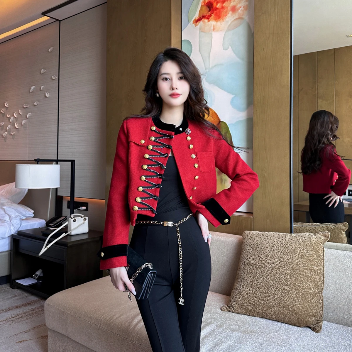 Red Cross Strap Short Coat For Women Spring Autumn Slim Double-breasted British Style Palace Top Slim Jacket Wool Outwear