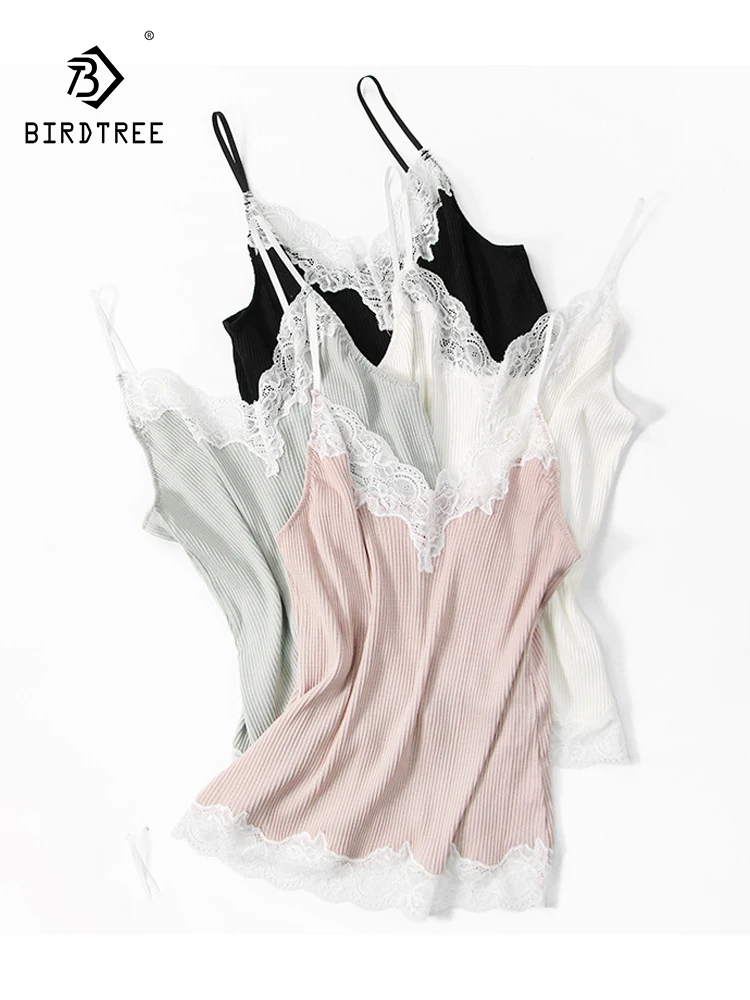 

BirdTree, 30% натуральный шелк 70% хлопок элегантный слинг, женский V-образный вырез кружева, Открытый Тонкий низ майки, 2024 лето осень P48572QC