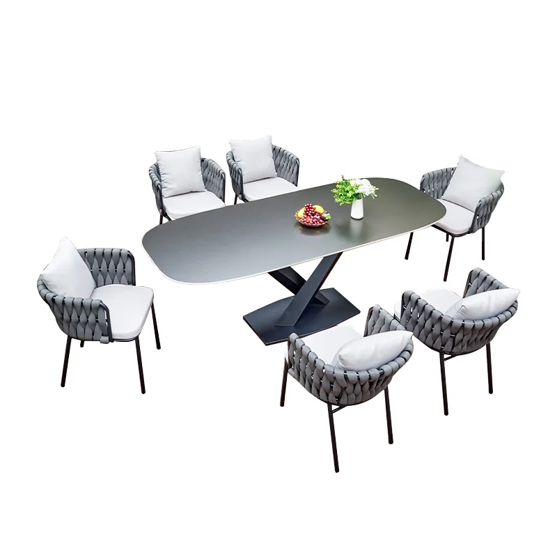 

Italian leisure garden outdoor table and chair combination balcony restaurant rock slab aluminum frame rattan chair high-end