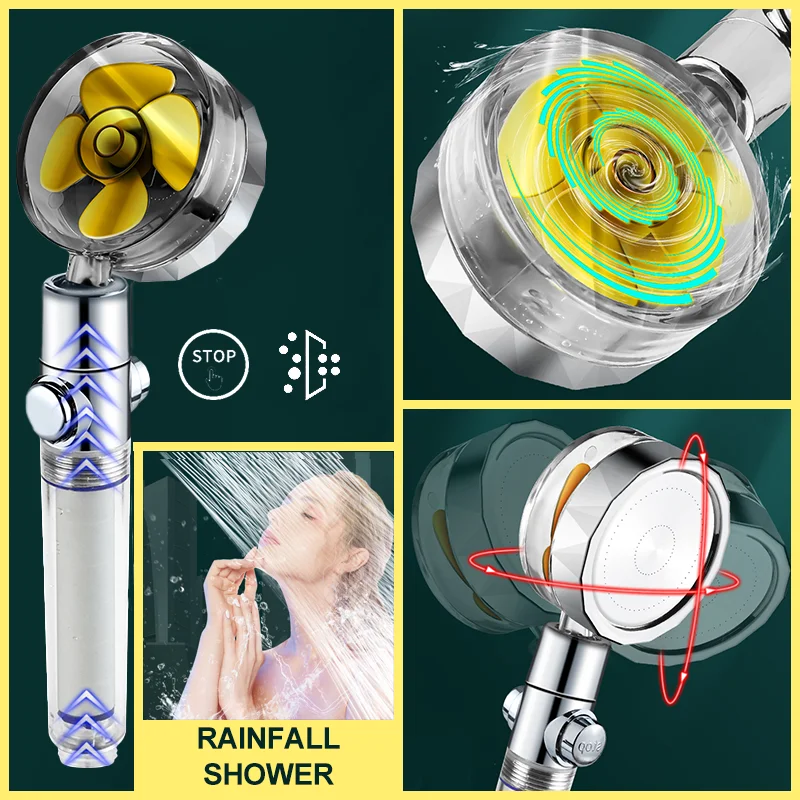 Turbo Propeller Shower Head With Filter Water Saving Flow 360 Degrees High Preassure Showerhead Rainfall With Fan Spray Nozzl