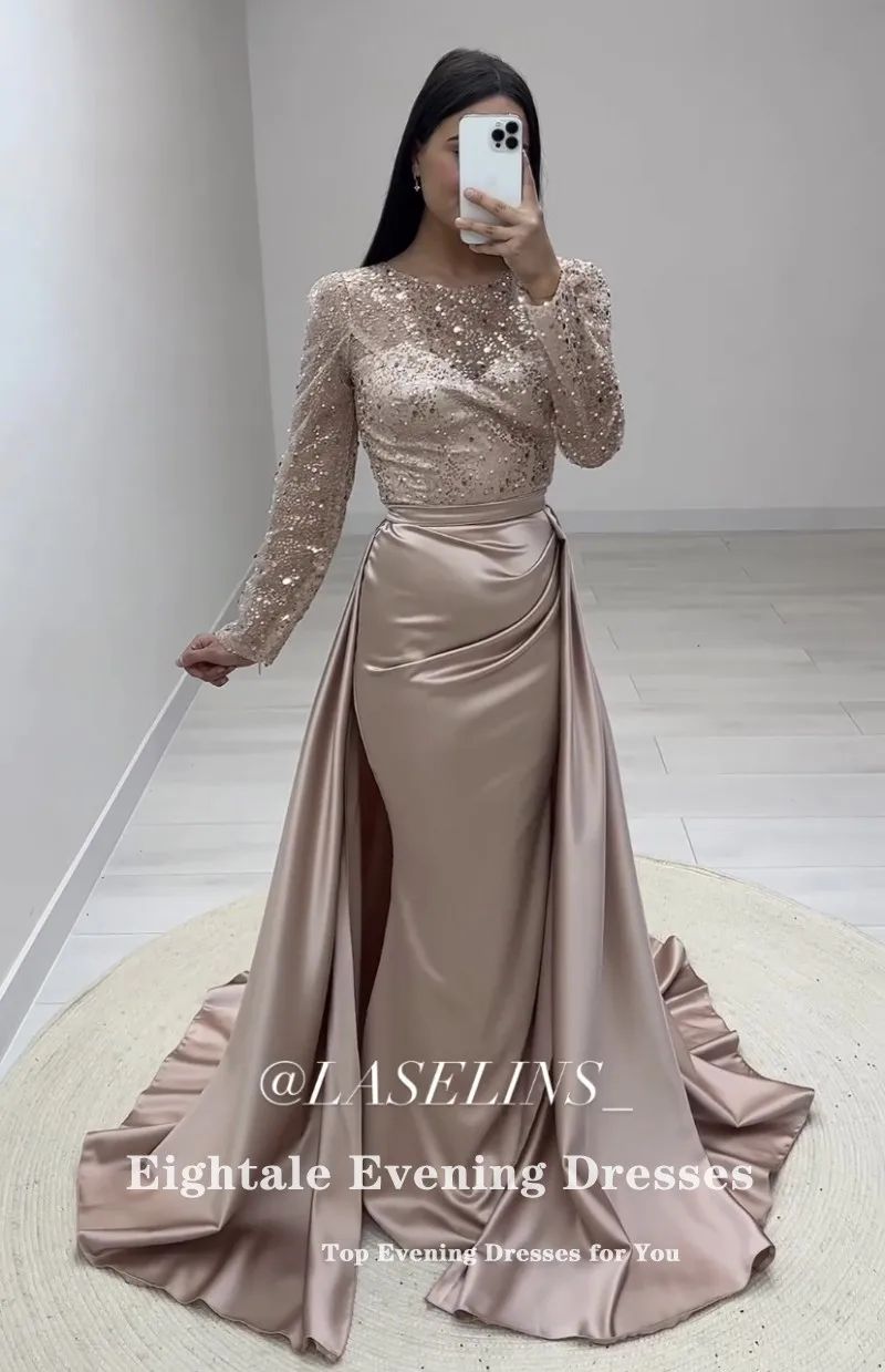 Eightale Luxury Evening Dresses with Detachable Skirt Customized Long Sleeves Satin Mermaid Party Prom Gown Vestidos De Noche