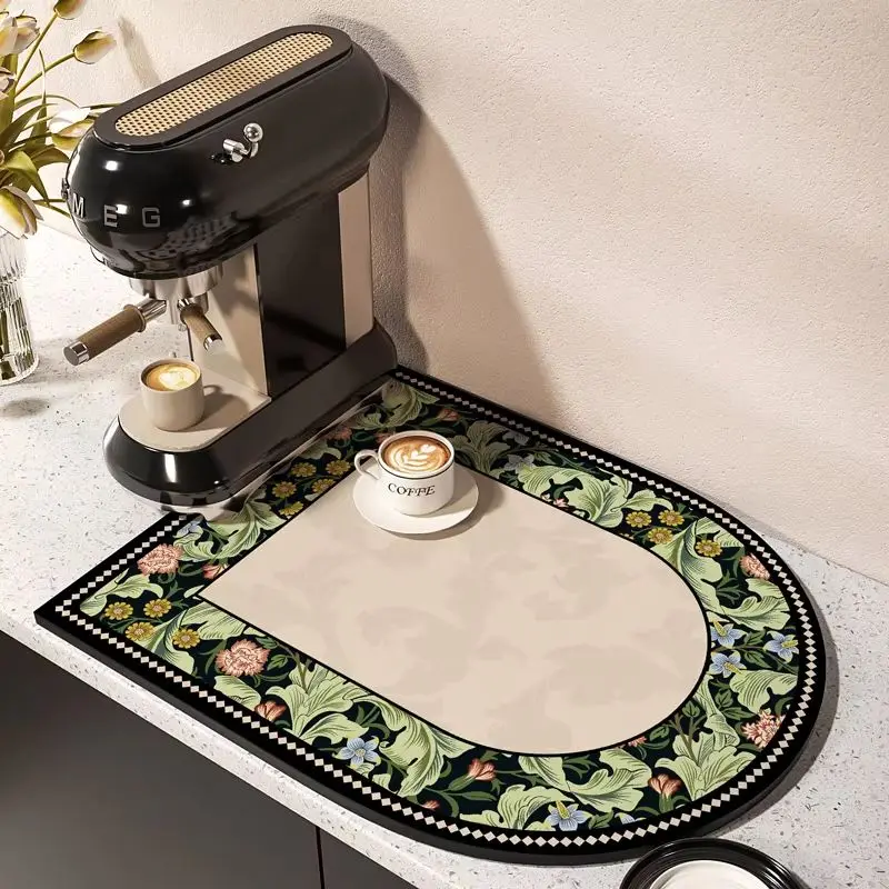 Vintage-Style Black and Gold Floral Tableware Drain Mat, Absorbent Countertop Mat, Coffee Table Drip Mat, Home Decor