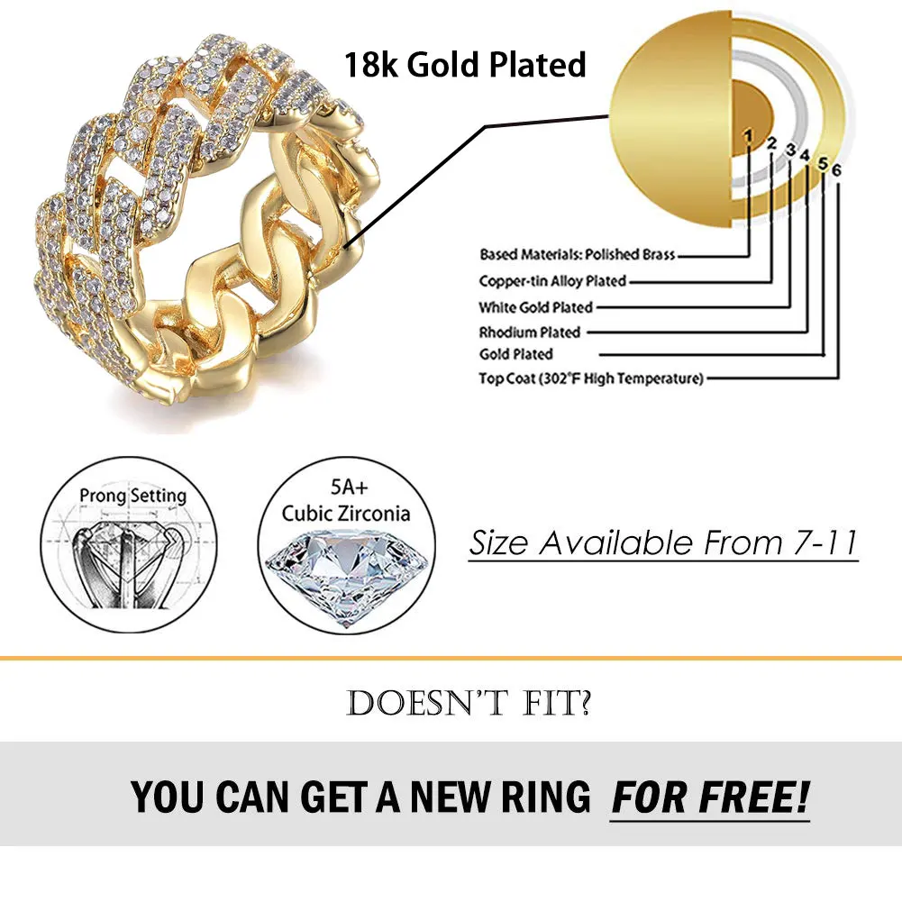 Trendy Hip Hop Men 11mm Cuban Rings Bling 2 Rows Iced Out Cubic Zircon Cuba Rings High Luxury Jewelry Drop Shipping