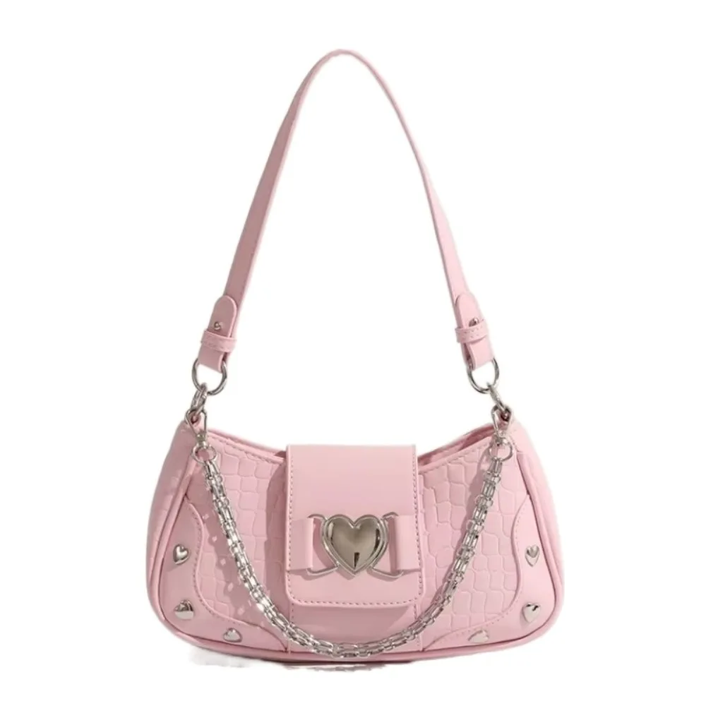 

Cute Punk Y2k Underarm Bag Love Heart Pu Leather Shoulder Bag Chain Korean Style Women's Handbag Women
