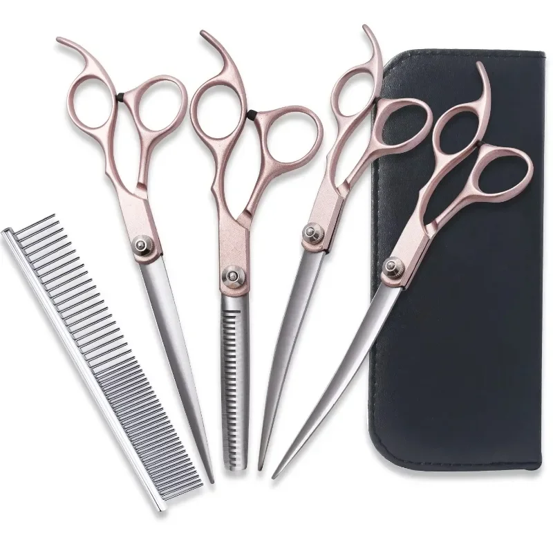 7.0-Inch Colored Teeth 4-Pack Pet Grooming Scissors Straight Scissors Set Blade Protection Scissors