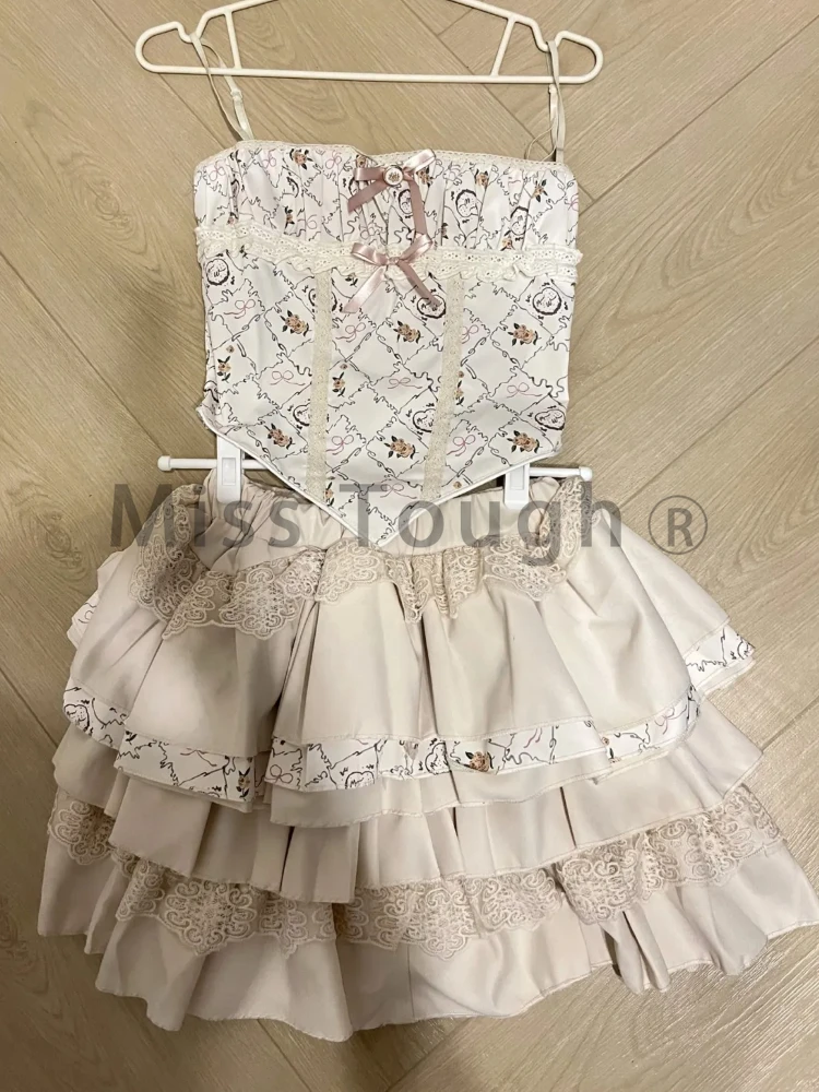 Lato Y2k Print Lolita Set kobiety w stylu Vintage księżniczka Mini spódniczka garnitur damski japoński słodki top bez rękawów + spódnica z wysokim