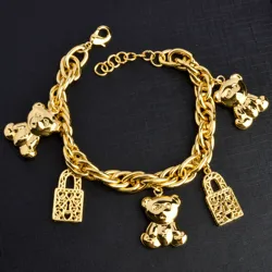 Diana Baby Link Chain Copper Gold Color Bear and Lock Bracelets for Women Wholesale Retail Fashion Jewelry Party Wedding Gift
