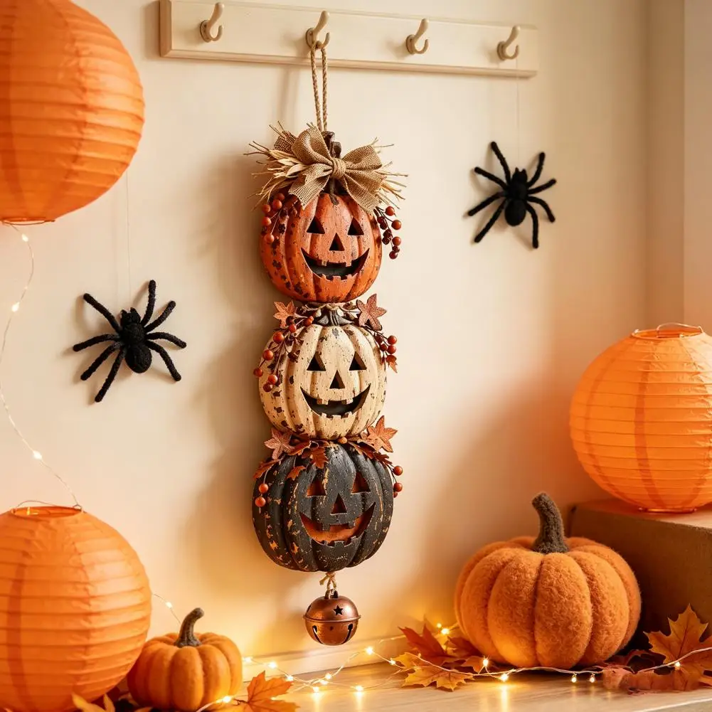 Distressed Wood Texture Decor Halloween Stacked Pumpkin Door Hanger Vintage Jack-o-lantern Wall Ornament Rustic Fall for Porch