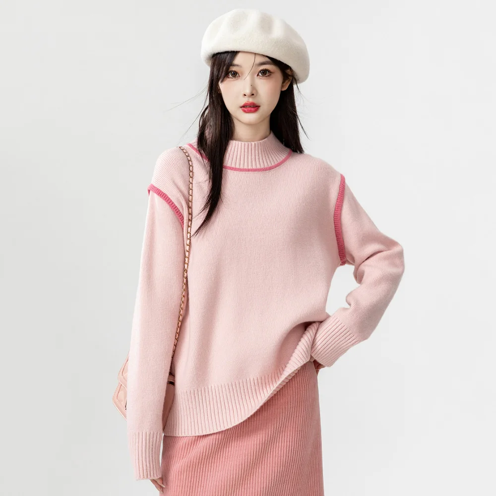 

New Women Autumn Winter Sweet Sweater Fashion Half High Collar Long Sleeve Loose Knitted Pullover Casual Basic Pink Sweater