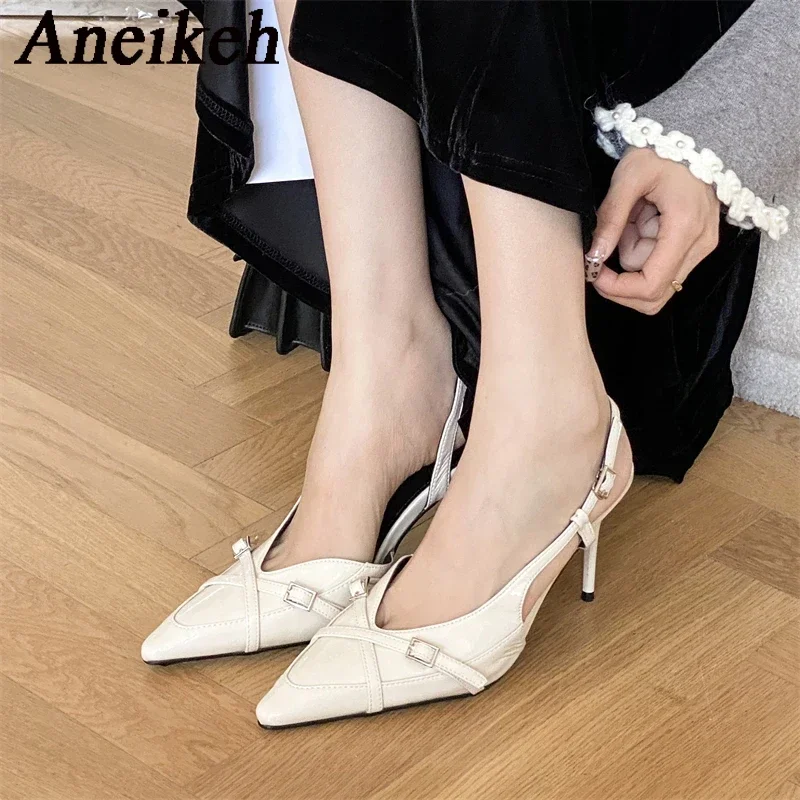 Aneikeh 2025 zapatos de tacón con hebilla para mujer, moda de primavera, tacones finos, puntiagudos, zapatos de fiesta elegantes, boda, negro