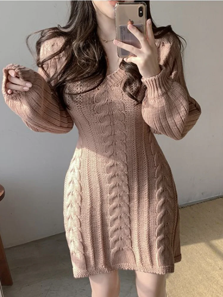 Robe pull tricotée pour femmes, nouvelle mode, automne hiver, manches longues, col en V, robes élégantes rayées, haut en tricot, vêtements