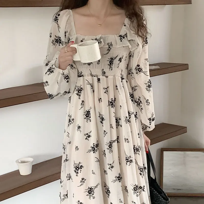 Vestido Retro Chic de manga larga con estampado Floral otoñal para mujer, falda empalmada con cuello cuad y manga de burb...