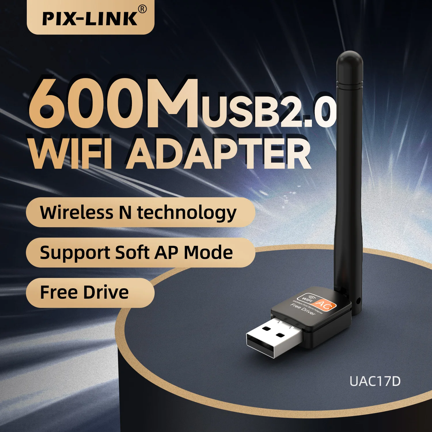 

PIX-LINK UAC17D 600 Мбит/с двухдиапазонный USB Wi-Fi адаптер 2,4 ГГц/5 ГГц, беспроводная сетевая карта, бесплатный драйвер, режим Soft AP, регулируемая антенна