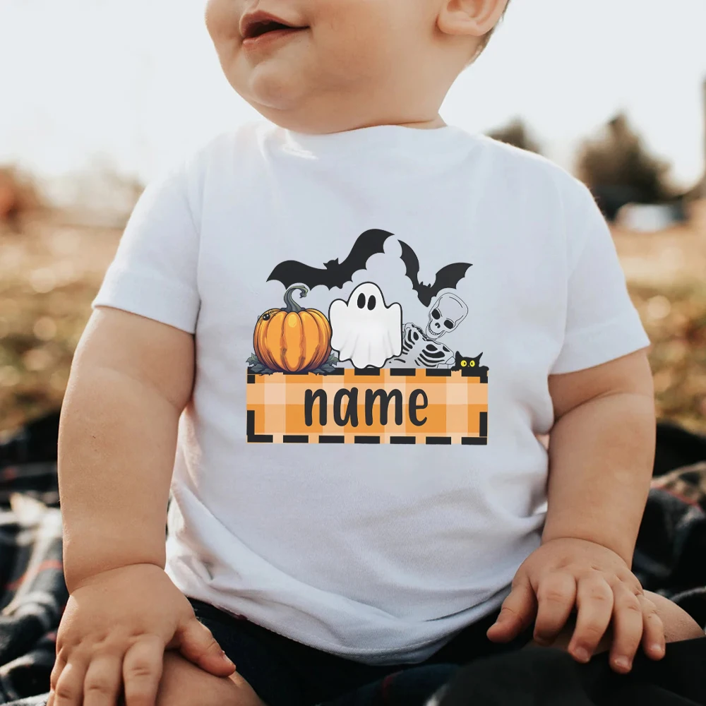 Custom Name Ghost&Pumpkin Print Halloween Kid Tee Top Personalize Short Sleeve Child T-shirt Halloween Holiday Party Clothing