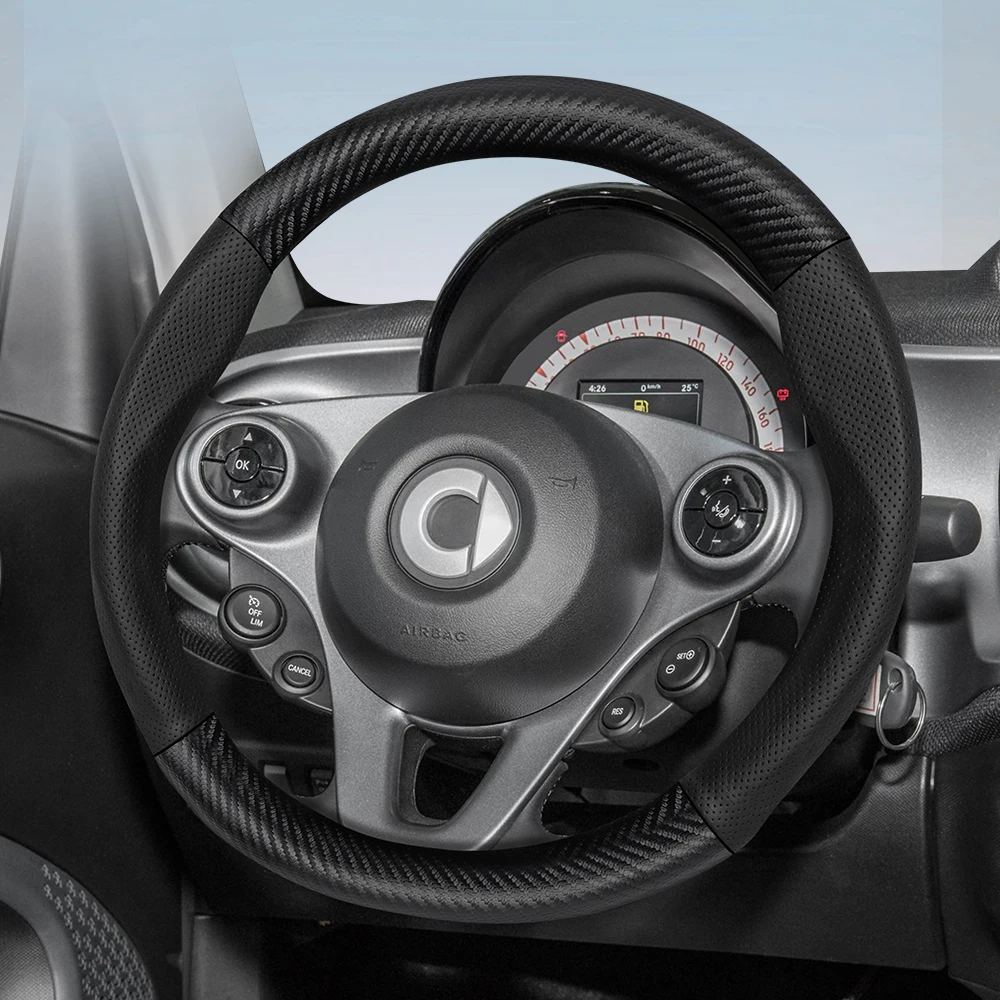 Suitable for Smart Breathable Leather Matte Carbon Fiber Texture Steering Wheel Cover Suitable for Fortwo 451 450 Tronsmart T7 453 Gauge Gbd2 1 3 Forfour Roadster Electric Drive