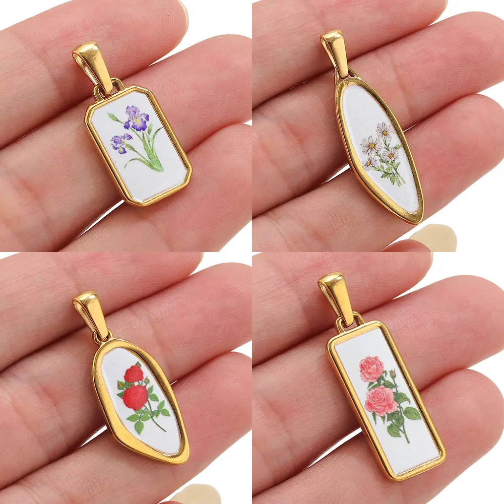 2 Stück Edelstahl-Emaille-Blumenanhänger für die Schmuckherstellung, DIY-Halskettenanhänger für Damen, goldene Blumenanhänger, Materialzubehör – Detail 4