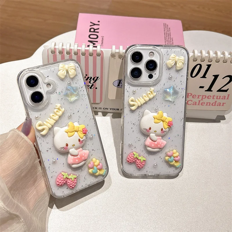 Coque de téléphone à paillettes, dessin animé 3D fraise Hello Kitty, goutte de colle, pour iPhone 17Air 16 15 14 13 Pro Max, housse de protection antichoc