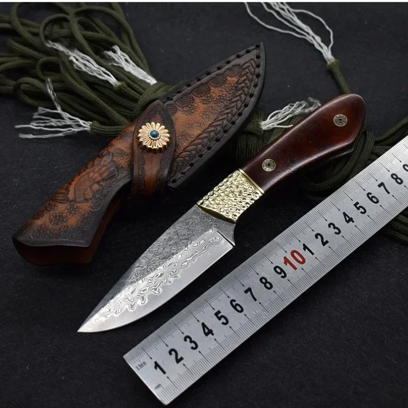 

Damascus Steel Straight Fixed Blade Knife Sandalwood Handle Outdoor Tactical Knife Hunting Camping Hand Tools With Leather Case