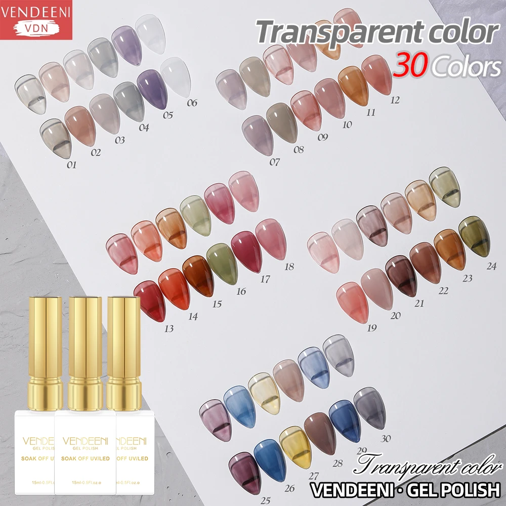 

Vendeeni 30 Colors Transparent Gel Nail Polish Set Ice Through Jade Fat UV Soak Off Gel Varnish Dirty Color Nail Art Gel Lacquer