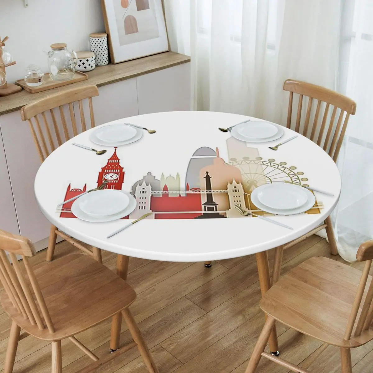 London Waterproof Round Tablecloth Oilproof Table Cloth for Kitchen Events Dining Table Cover