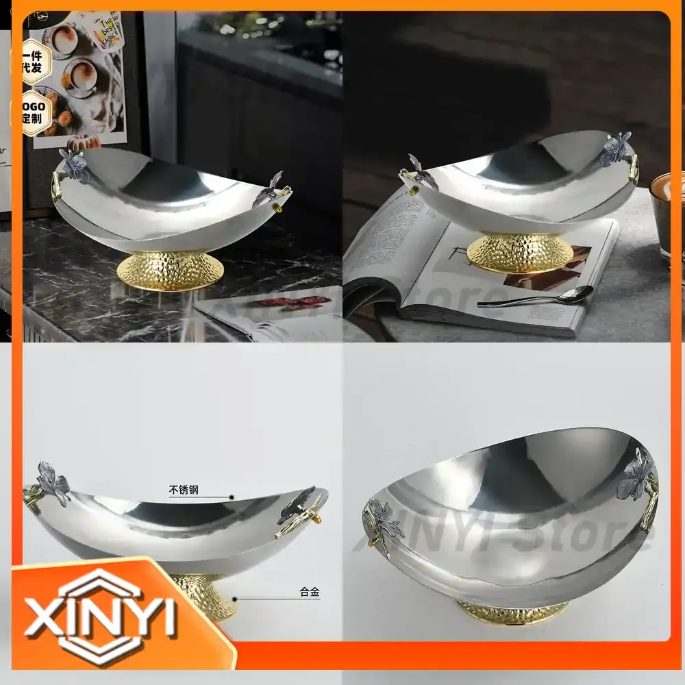 Luxury Stainless Steel Fruit Tray for Home Living Room Coffee Table Nuts Snacks Serving Platter High-End Hotel Decorative