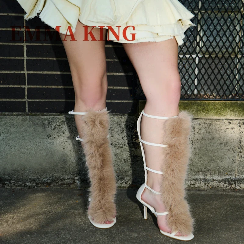 2025 البني الفراء التوى حزام الصنادل المفتوحة تو كعب ستيليتو صنادل طراز جلاديتور مثير السيدات المنصة الركبة عالية جوفاء الصنادل الأحذية #3