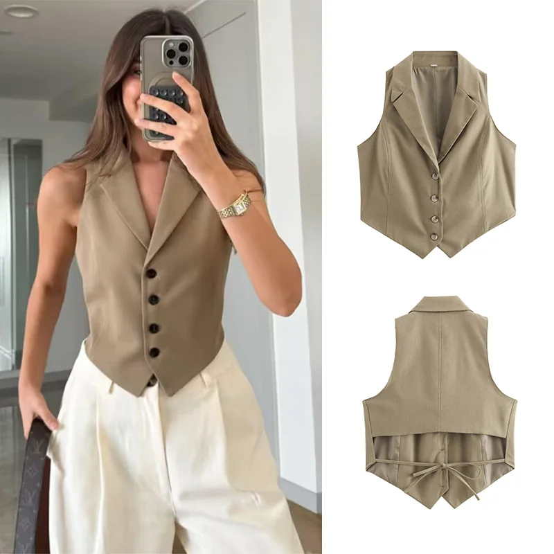 SLTNX 2026 Summer Women Turndown Collar Vests Back Lace Up Chic Single Breasted Waistcoat Tops Lady Sleeveless New In Vest