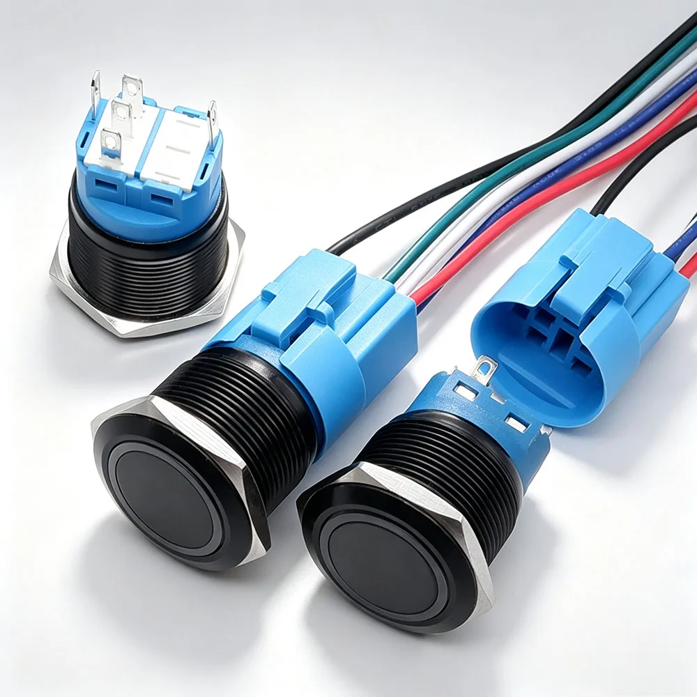 10pcs Metal Push Button Switch 12v 16mm 19mm 22mm Black Ring Lamp Waterproof LED Light Self Lock Reset Car Start Switch 5V Blue