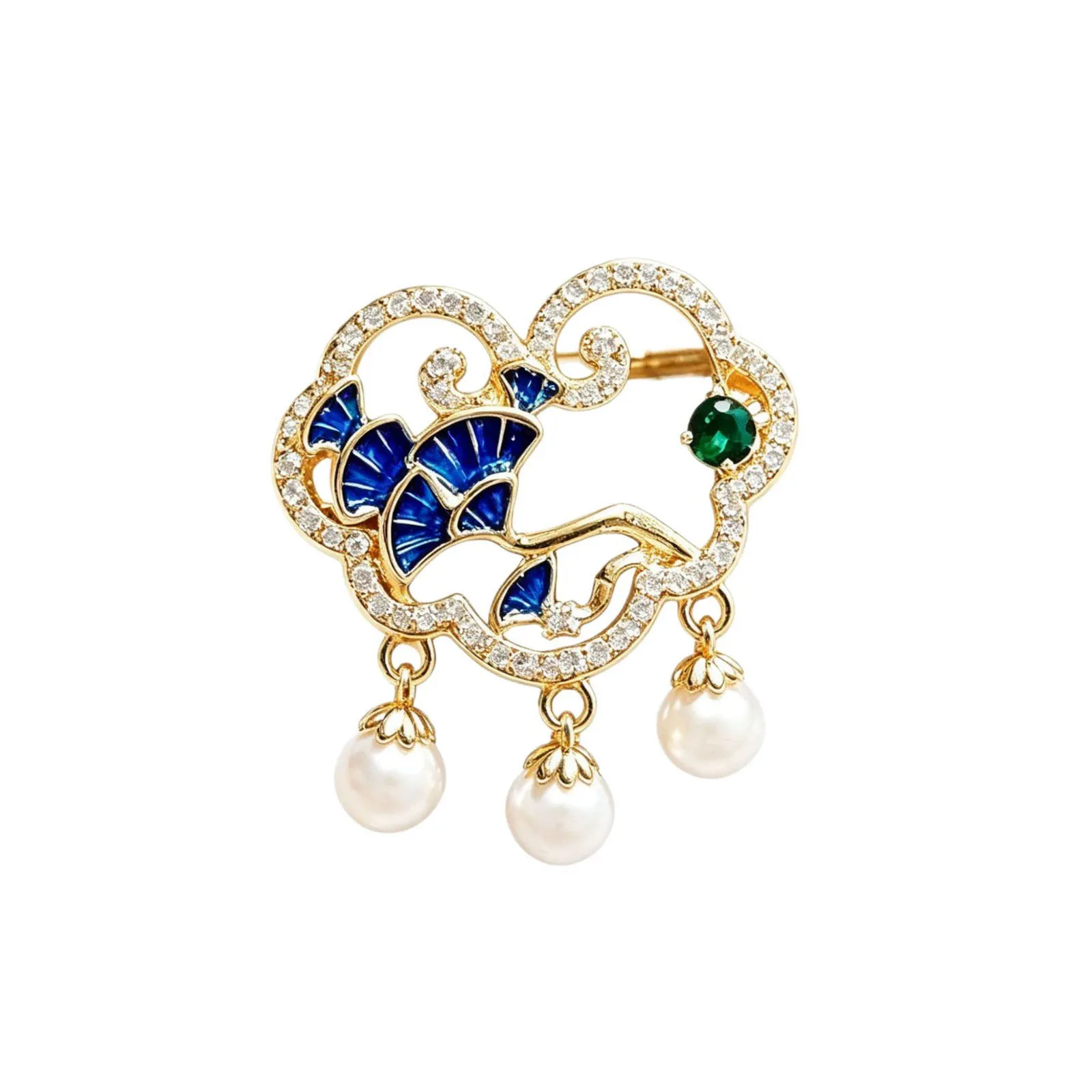 Chinese Style Drip Oil Blue Pine Leaves Hollow Lucky Lock Pearl Brooches For Women Trendy Rhienstone Pins Clothes Accessory Gift