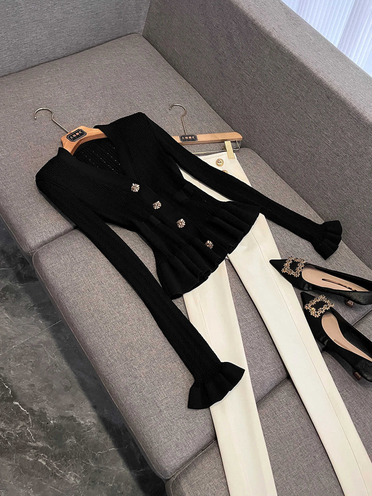 

Slim Fit Knitted Sweater with Diamond Decorated Button And Bell Sleeves V-Neck Luxury Style Fashion Women's Long Sleeve Top