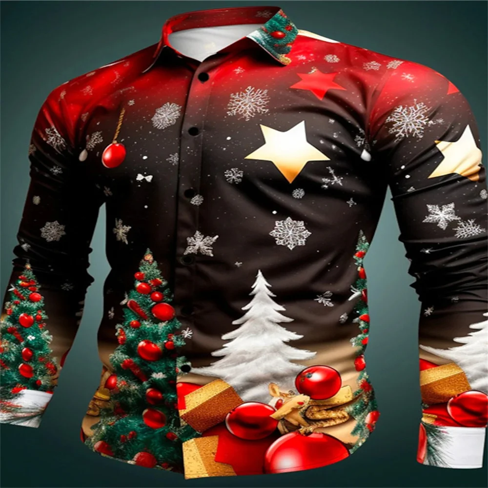 New Source Manufacturer Men\'s Shirt Christmas Style Fashion Long Party Golden Snowflake New Year Christmas Button Shirt XS-6xl