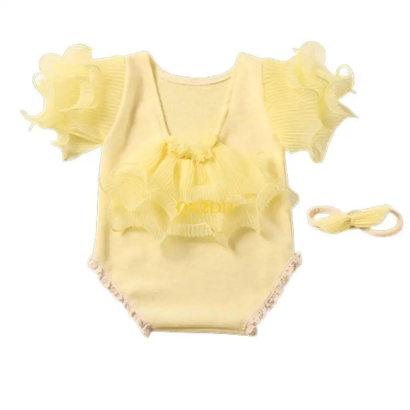 QX2D Baby Christmas Photo Costume Lace Romper Newborn Photography Bowknot Hairband