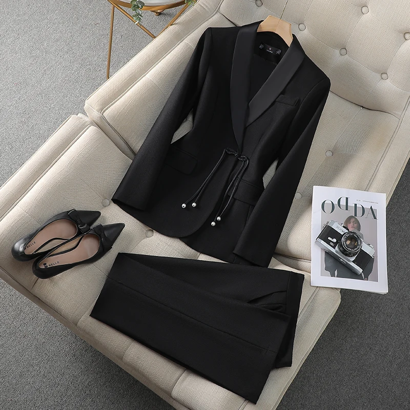 ZJYT Elegant Office Lady Formal Blazer Suits Pant Sets 2 Pieces Womens Outfit Plus Size Long Sleeve Jacket Trousers Work Wear