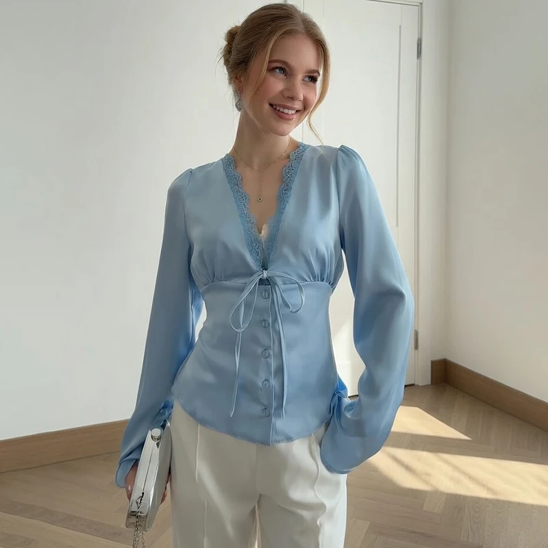 

Tornova Elegant Satin Lace T Shirt Women's Long Sleeve Casual V Neck Lace Up Top Fashion Single Breasted Female Commute T Shirt