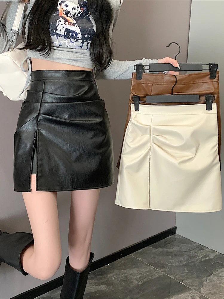 

Summer Split Leather Skirt Women High Waist Pleated Half-body Dress Female Casual Fashion Zipper Solid Color A-line PU Skirts