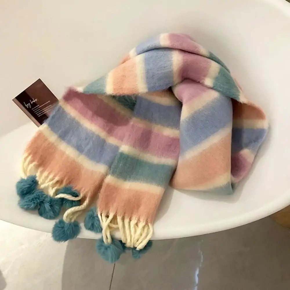 Retro Stripe Rainbow Striped Scarf Tassel Cashmere Shawl Winter Cashmere Scarves Hairball Wool Scarves Mohair Long Shawl Student