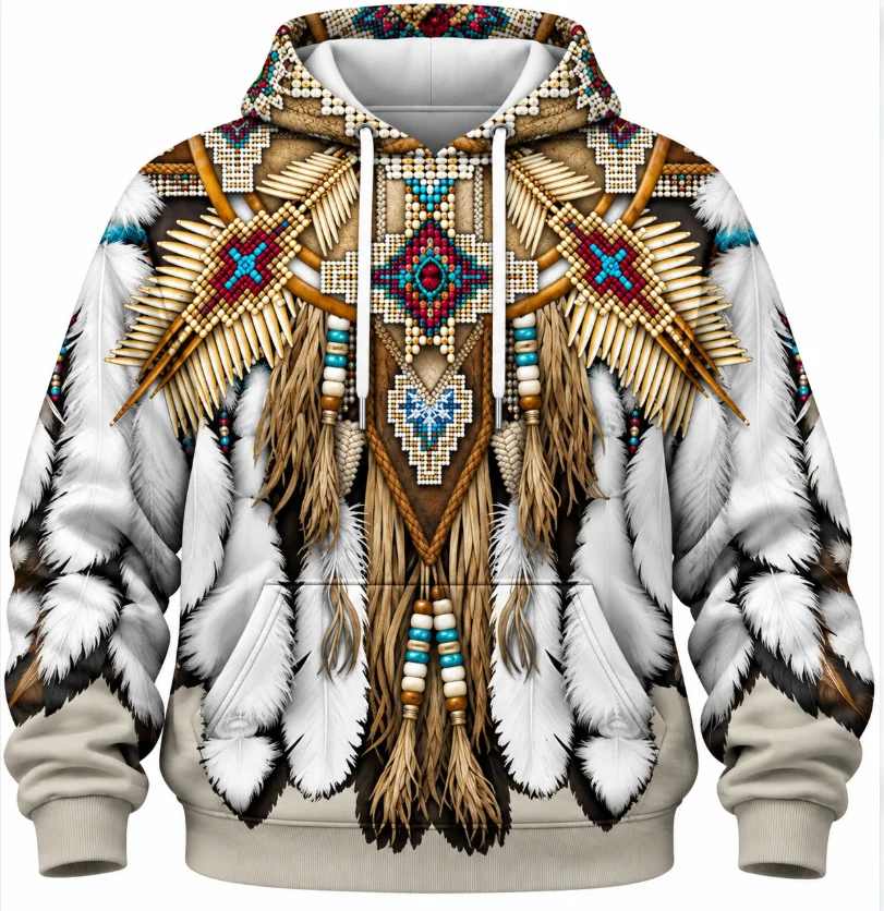Brown Hoodie Unisex Native Tribal Feather Beads Full Print Hooded Sweatshirt Ethnic Style Vintage Autumn Winter Streetwear Top