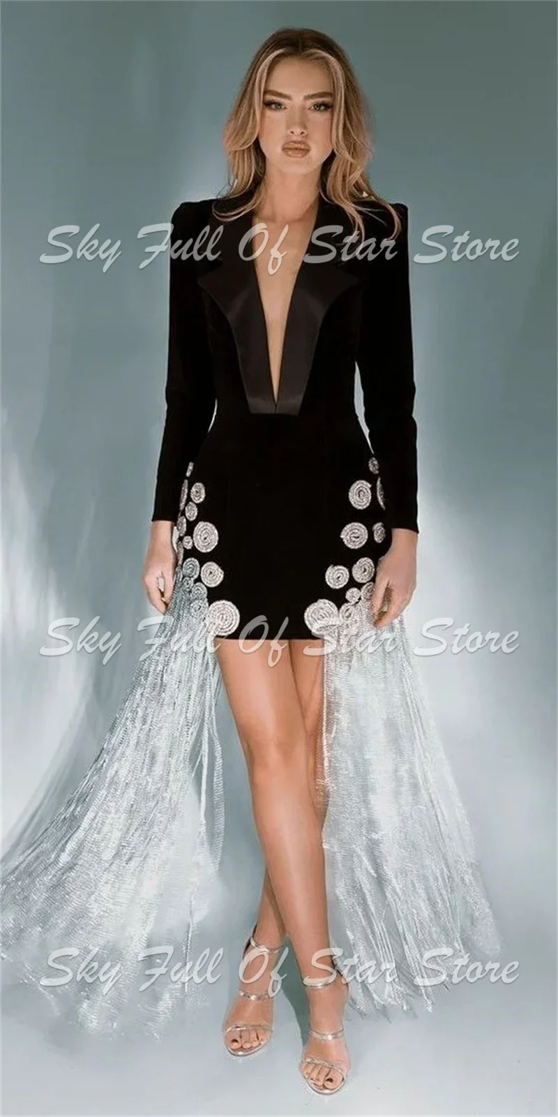 Luxury Women Siut 1 Pcs Velvet Mini Dress Satin Lapel Rhinestone Floral Applique Long Silver Tassel Train Cocktail Party Prom