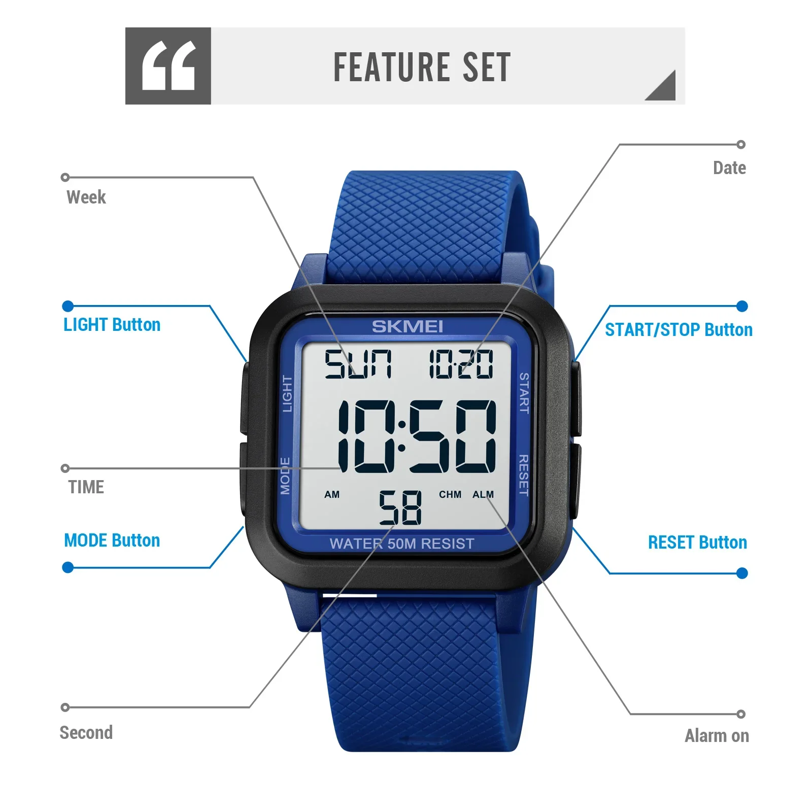 Men Outdoor Square Multifunctional Sports Electronic Watch Fashionable Simple 3Bar Waterproof Men LED Digital Wristwatch