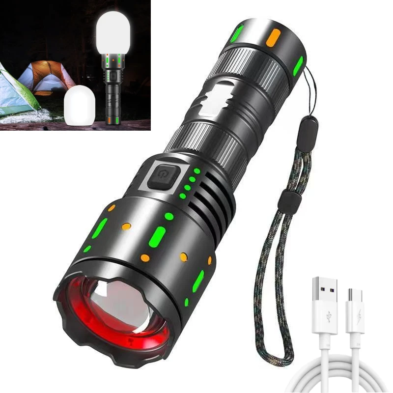 

White Laser Super Powerful Zoomable LED Flashlight 2000M Type-C Rechargeable Fluorescent Design Torch Light for Camping Hiking