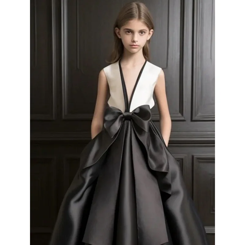 Black White Kids Formal Dress Children Satin Princess Ball Gown for Piano Recital Performance Host Evening Gown Girls Pageant